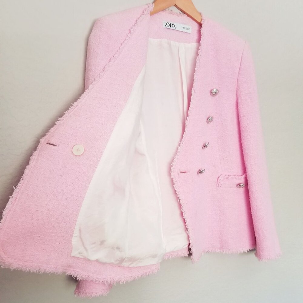 Zara Pink Tweed Blazer Jacket Metallic Buttons XS Blogger's Favorite Romantic - Picture 14 of 16